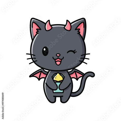 Devil Cat Holding Treat Illustration Commercial