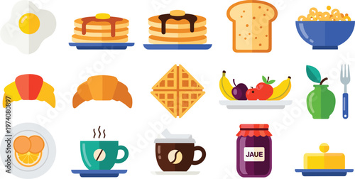 Breakfast Food Vector Set with Pancakes Waffle Bread Coffee Fruit Isolated on White Background
