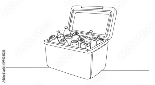 Open cooler filled with various refreshing cold drinks like soda cans, plastic bottles, and juice boxes, ideal for depicting summer picnics and outdoor gatherings.