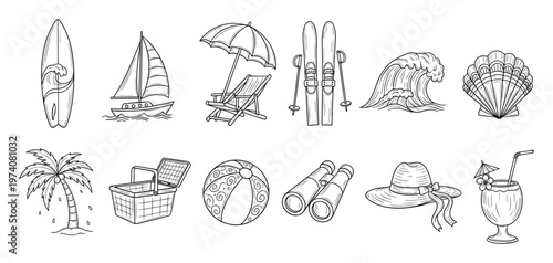 Outline sketch summer holiday beach and mountain activity icons featuring sports equipment and relaxation objects for seasonal recreation graphics