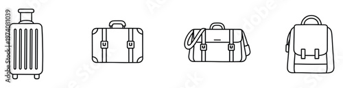 Set of outline travel baggage icons featuring suitcase, briefcase, messenger bag, and backpack designs, useful for journey planning, transportation logistics, or ecommerce applications.
