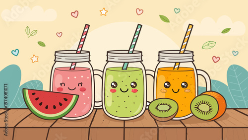 Colorful summer fruit smoothies collection with watermelon and kiwi on wooden table outdoor