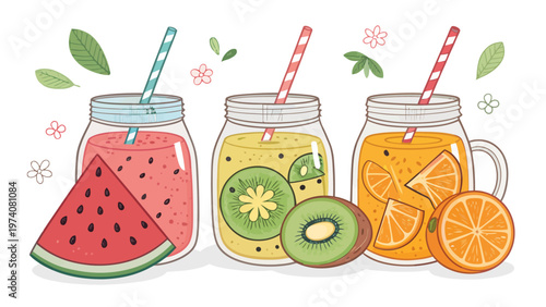 Colorful summer fruit beverages collection with watermelon kiwi and orange juices in mason jars