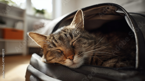 Cat sleeping peacefully in a soft carrier indoors  