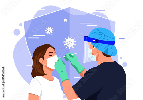 Medical Worker in PPE Performing Nasal Swab Test on Patient, PCR and Antigen Testing Concept Illustration with Virus Symbols and Protection Shield
