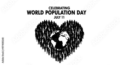 World Population Day Concept Illustration with People Forming a Heart Shape Around the Earth.