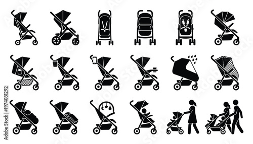 Collection of diverse baby stroller icons showcasing different types, accessories, and parental interactions, perfect for use in child care guides, parenting websites, or product feature