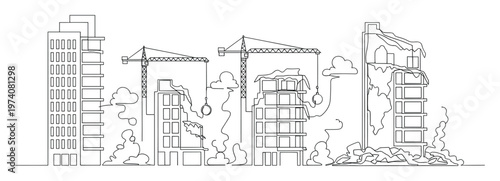 Continuous line drawing of an urban landscape featuring buildings under construction, demolition, and completed structures with cranes and debris, suitable for architectural and development