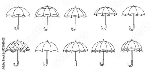A set of monochrome outline umbrella drawings in diverse styles and handle designs, ideal for graphic art projects, weatherrelated content, and creative seasonal decorations.