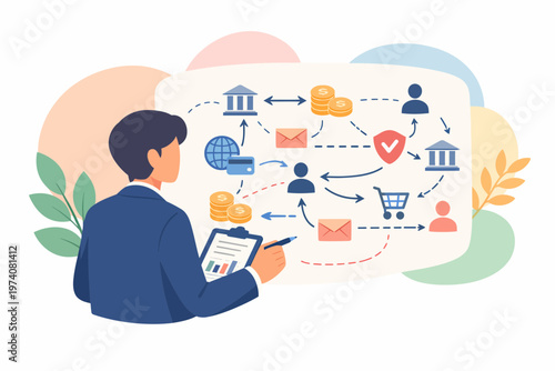 Business Specialist Analyzing Financial Operations and Data Flowchart