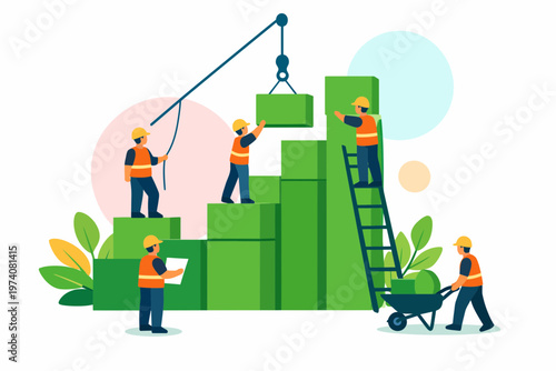 Workers Building Bar Chart for Business Growth and Success