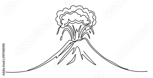 Dynamic continuous line drawing of an erupting volcano with spewing smoke and molten lava, perfect for geological education, natural disaster awareness, or visual storytelling projects.