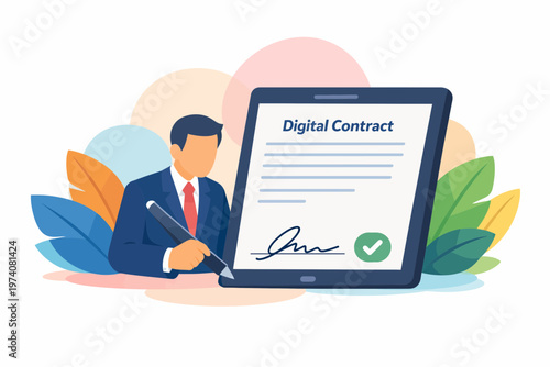 Businessman Signing Electronic Digital Contract on Tablet