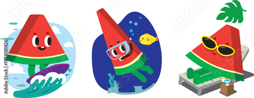 Adorable watermelon character's summer travel and beach sports activities set.