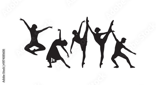 A flock of black birds soaring together against a white background in a dynamic flight pattern