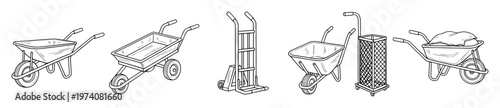 Hand drawn outline illustrations featuring diverse garden wheelbarrows, construction pushcarts, and utility hand trucks for agricultural, building, and material handling projects.