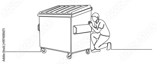 Continuous line drawing showing a person kneeling next to a large waste container, useful for illustrating themes of urban scavenging, recycling, or economic hardship