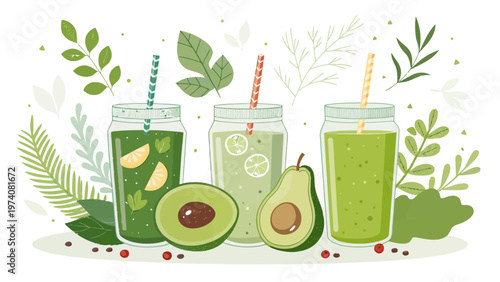 Vegan detox drinks collection with green juices and avocado in glass jars with straws on white background with leaves