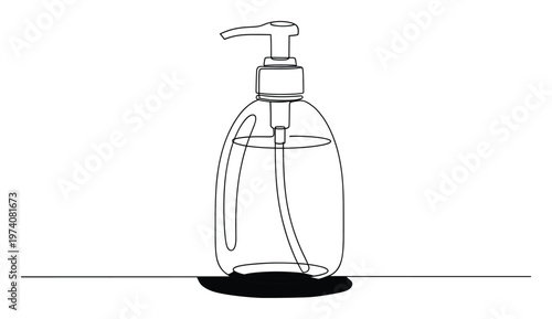 Elegant one line outline of a transparent liquid soap or hand sanitizer pump bottle, ideal for wellness and skincare product advertising or marketing materials.