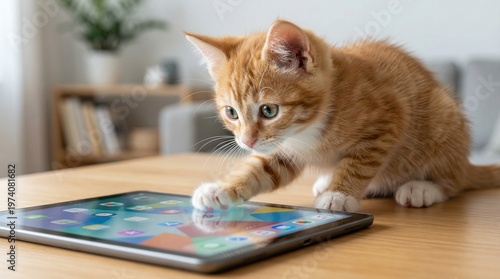 Orange kitten playing with tablet on wooden table indoors  