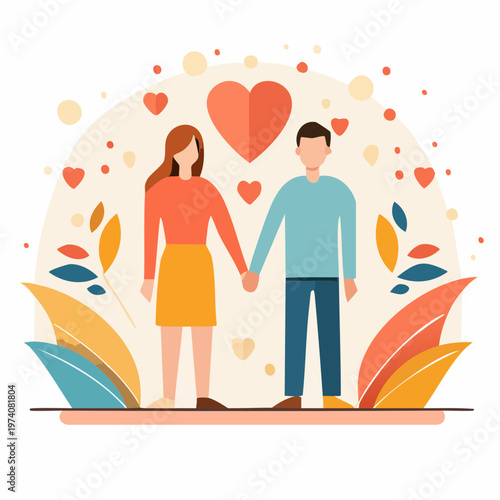 Loving couple holding hands, surrounded by hearts and abstract leaves, symbolizing romance and deep connection