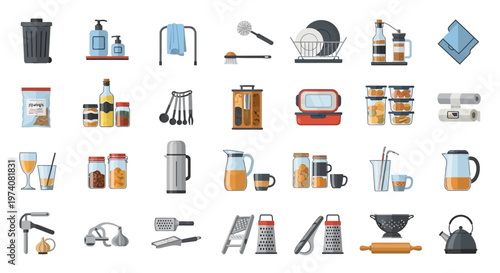 Collection of kitchen items illustrations for various culinary and household uses