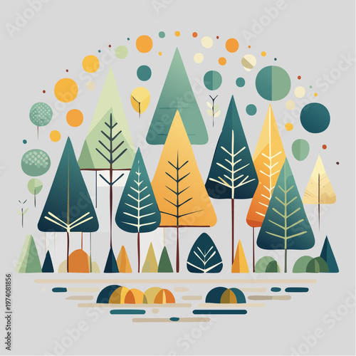 Vibrant Abstract Forest Landscape with Stylized Geometric Trees and Modern Nature Elements Art