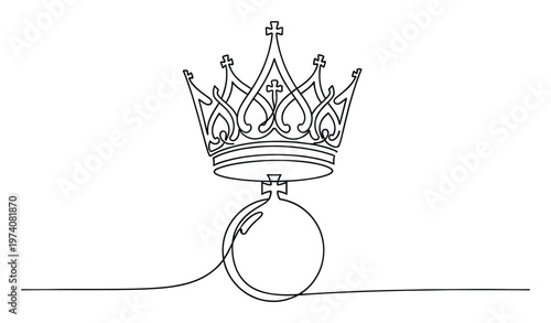 Elegant continuous line drawing of a royal crown and an orb representing monarchy and power, perfect for luxury branding, heraldry, or sophisticated graphic design projects