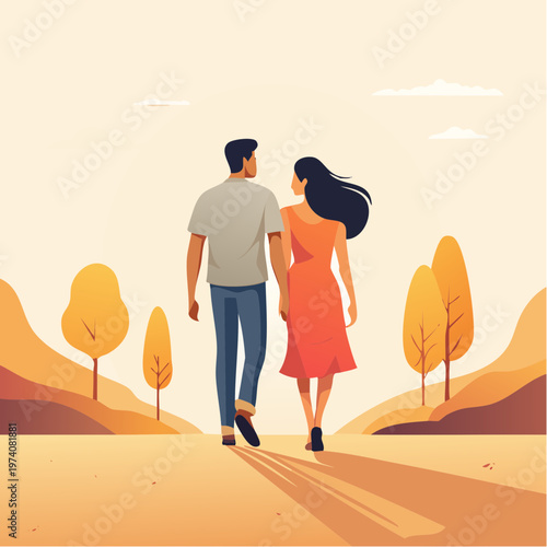 Romantic couple walking hand in hand through a tranquil autumn landscape, symbolizing shared journey and deep connection