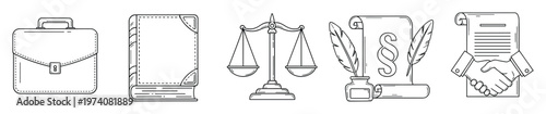 Line art set of legal and justice related icons including a briefcase, law book, scales of justice, quill with scroll, and contract handshake for professional legal content.