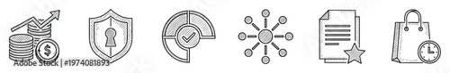 Hand sketched business and economic concept icons showing financial increase, data protection, task accomplishment, decentralized connection, official paperwork, and fast commercial