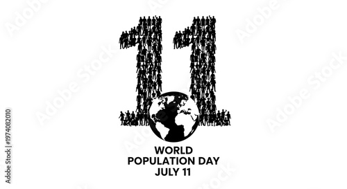 World Population Day design with number eleven made of human silhouettes and globe.
