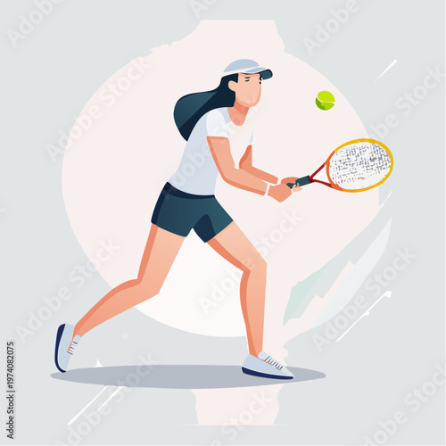 Dynamic illustration of a focused female tennis player hitting a powerful shot on the court, showcasing active athleticism
