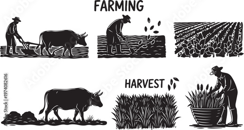 Farming and Harvest Illustrations in Black and White Style