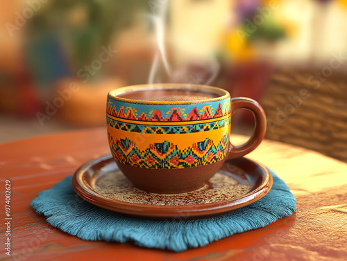 A steaming cup of Mexican hot chocolate resting in a cozy café corner