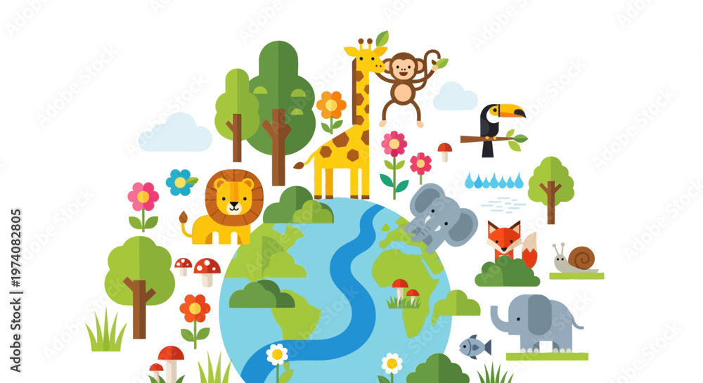 Obraz premium Vibrant Global Ecosystem Diverse Wildlife and Lush Green Plants Flourishing Harmoniously Around Planet Earth, Illustrating Conservation