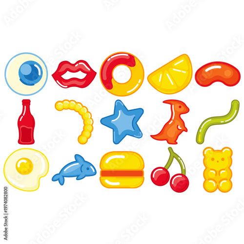 Colorful gummy candy collection and sweet gelatin snack illustration set. Vibrant flat vector graphics for confectionery branding, candy shop menus, and birthday party invitations.