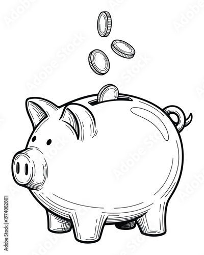 Handdrawn black and white piggy bank receiving multiple falling coins symbolizing financial savings investment and economic planning for business applications.