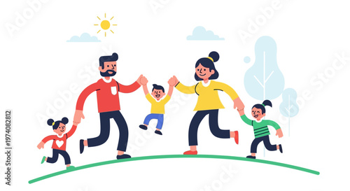 Cheerful family of five running playfully on a sunny day, experiencing joy and togetherness outdoors, illustrating healthy lifestyle and bonding