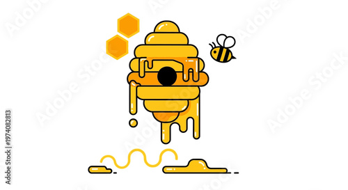 Vibrant illustration of a dripping beehive with a bee and honeycomb in a playful style