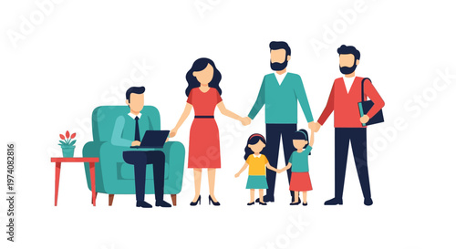 Diverse family holding hands with a therapist in a comfortable setting