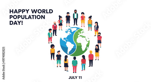 Diverse group of people standing in a circle around the Earth globe illustration.