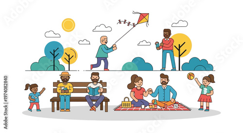 Diverse people enjoying various leisure activities in a vibrant public park. Illustration features kite flying, picnicking, reading, and playing, highlighting outdoor community recreation and leisure