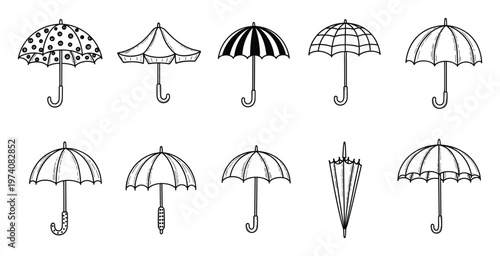 Stylish collection of hand drawn black and white outline umbrellas featuring various patterns and shapes, perfect for graphic design resources, web elements, and print media projects