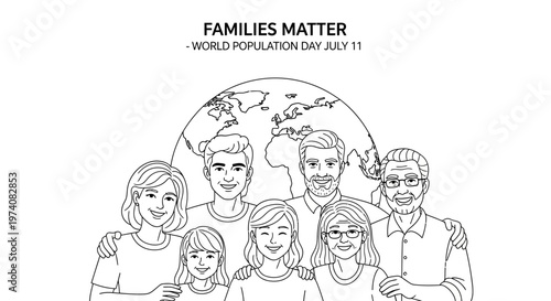 Line art illustration of a multi-generational family standing together.