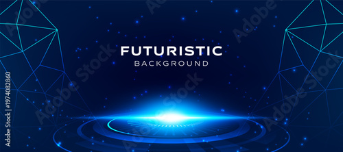 blue technology background with a glowing futuristic, featuring geometric lines and a ring of light in a vector design. Ideal for websites, banners, presentations