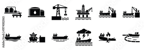 Oil and gas industry maritime transport exploration and logistics icon set showcasing offshore platforms storage tanks ships and environmental risks for business presentations and