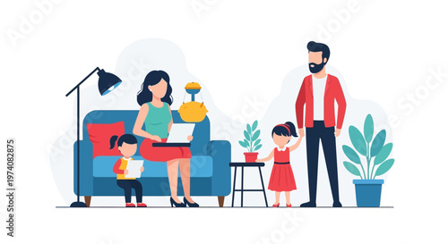 Working from home mother uses laptop with father and happy children in a modern family domestic scene. Remote work illustration