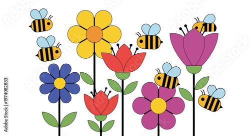 A vibrant illustration of a blooming garden filled with colorful flowers and playful bees buzzing around
