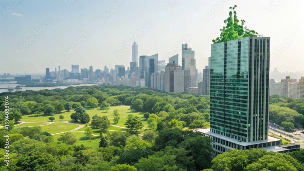 Fototapeta premium A green glass skyscraper overlooks a sprawling park with trees and a city skyline in the background under a clear sky.